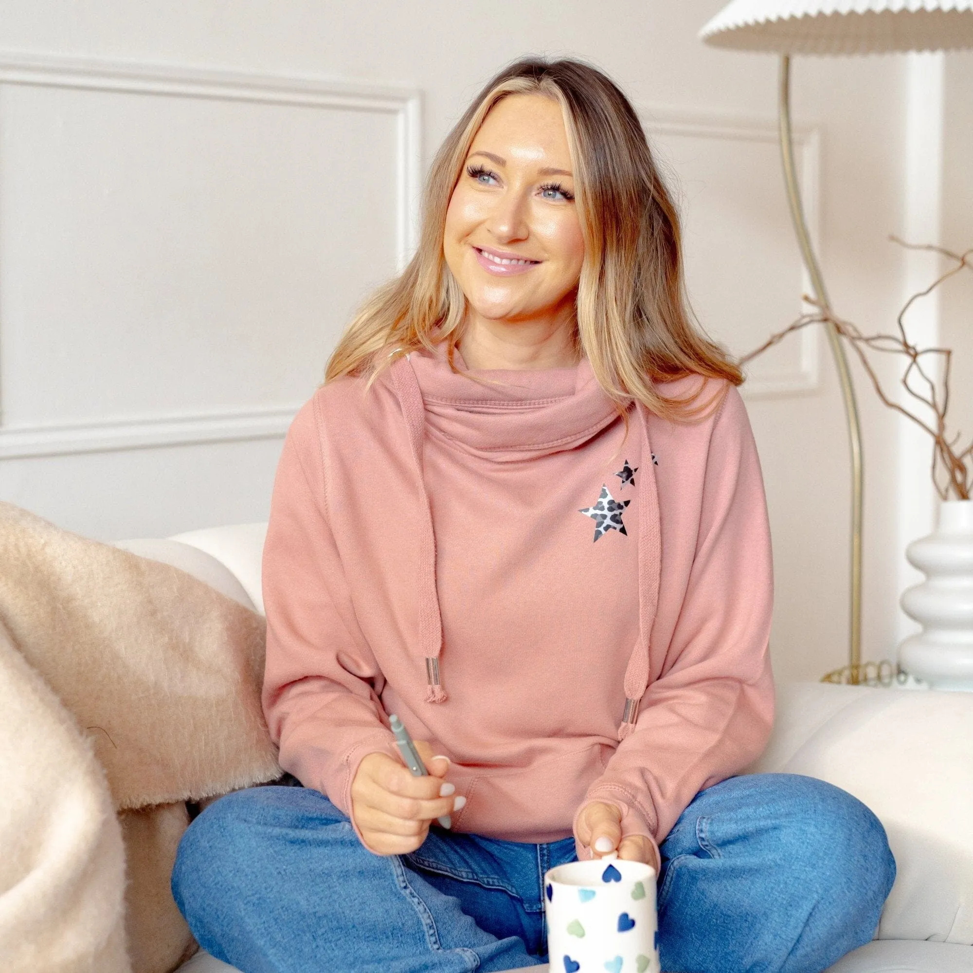 Dusky Pink Leopard Scattered Stars Cowl Neck Hoodie