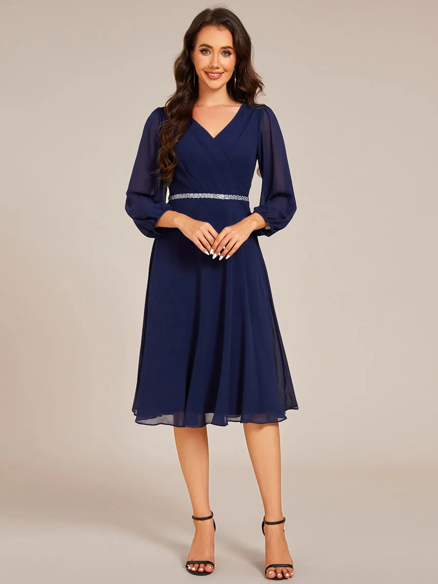 Elegant Midi Length Long Lantern Sleeves Chiffon Wedding Guest Dresses