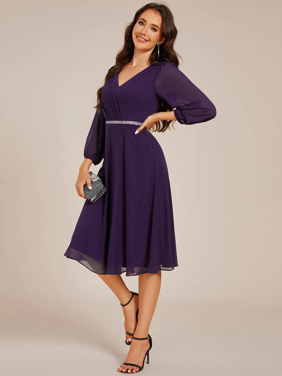 Elegant Midi Length Long Lantern Sleeves Chiffon Wedding Guest Dresses