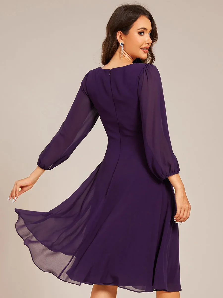 Elegant Midi Length Long Lantern Sleeves Chiffon Wedding Guest Dresses