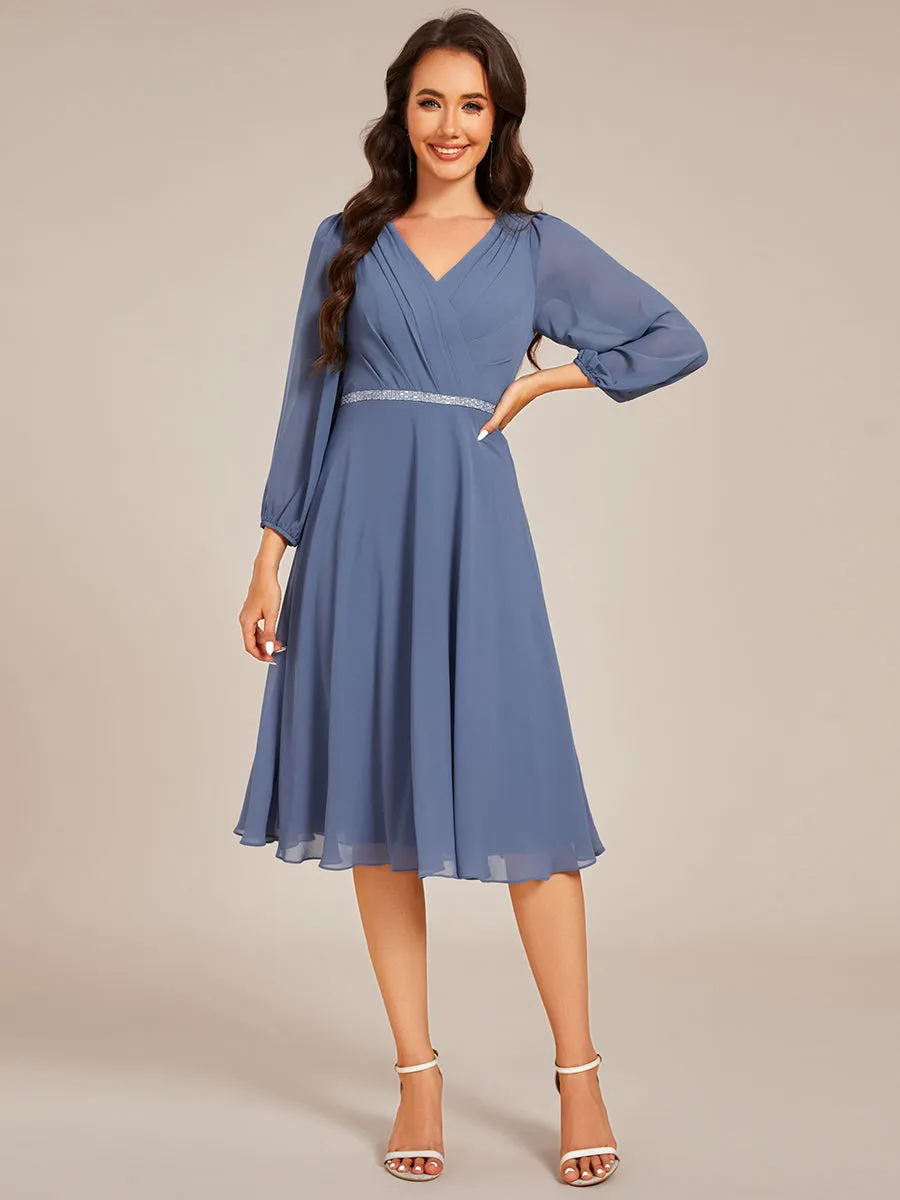 Elegant Midi Length Long Lantern Sleeves Chiffon Wedding Guest Dresses