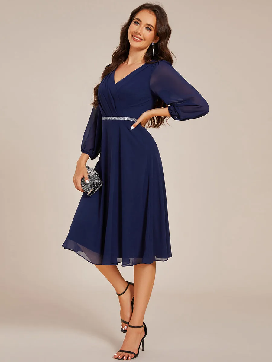 Elegant Midi Length Long Lantern Sleeves Chiffon Wedding Guest Dresses