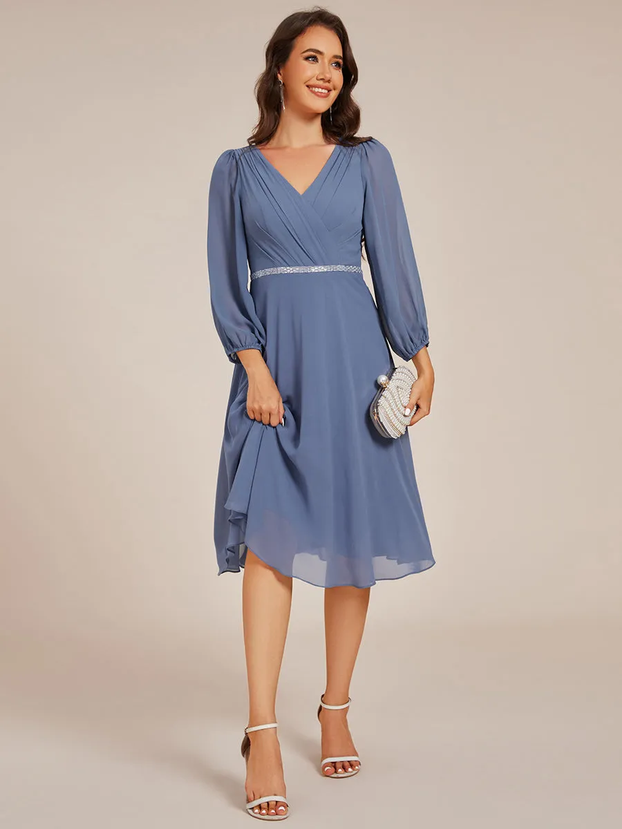 Elegant Midi Length Long Lantern Sleeves Chiffon Wedding Guest Dresses