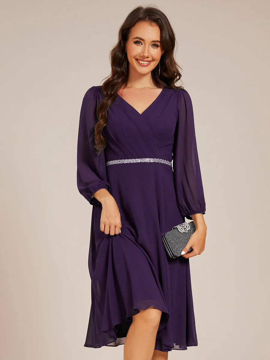 Elegant Midi Length Long Lantern Sleeves Chiffon Wedding Guest Dresses