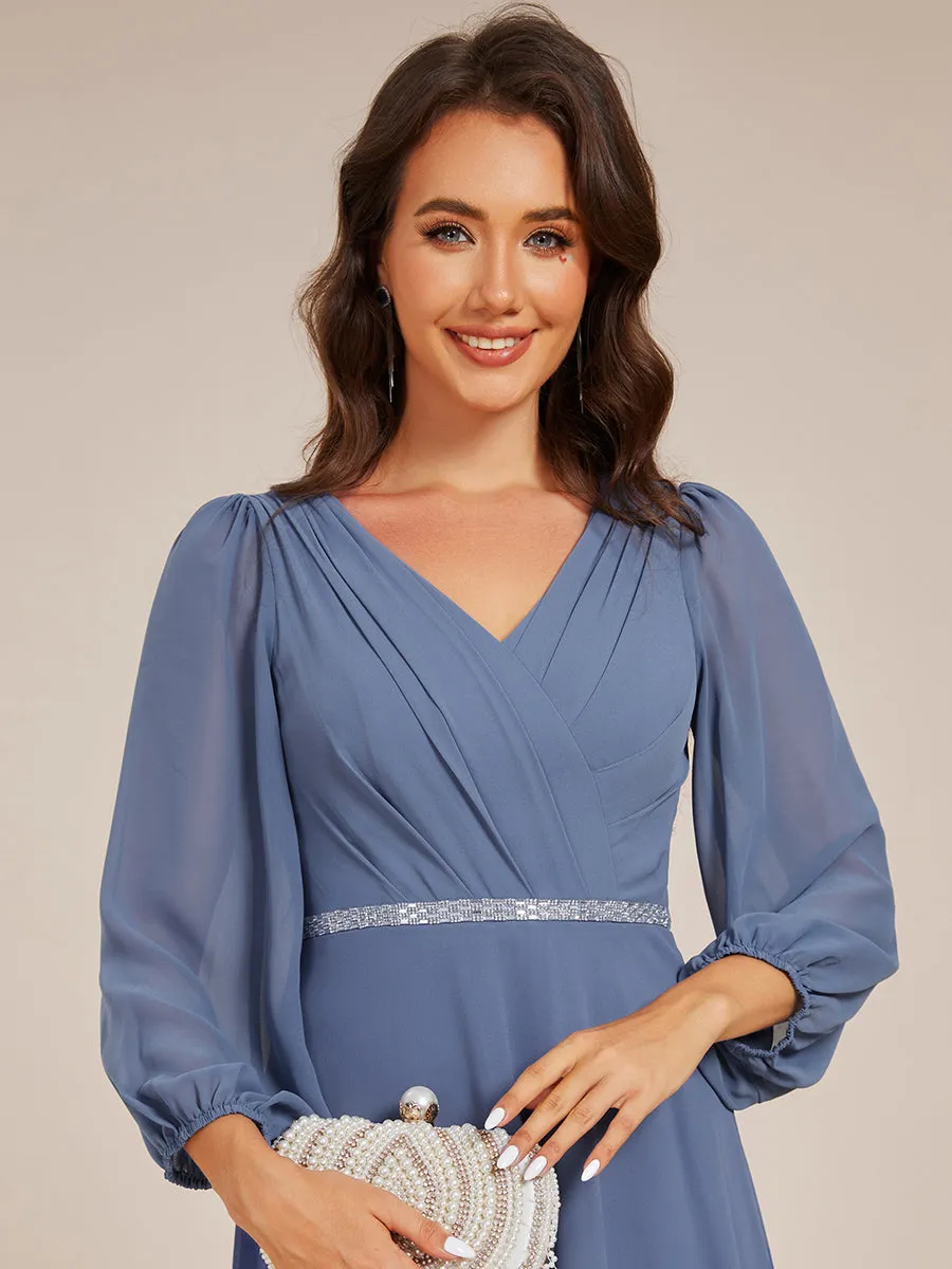 Elegant Midi Length Long Lantern Sleeves Chiffon Wedding Guest Dresses
