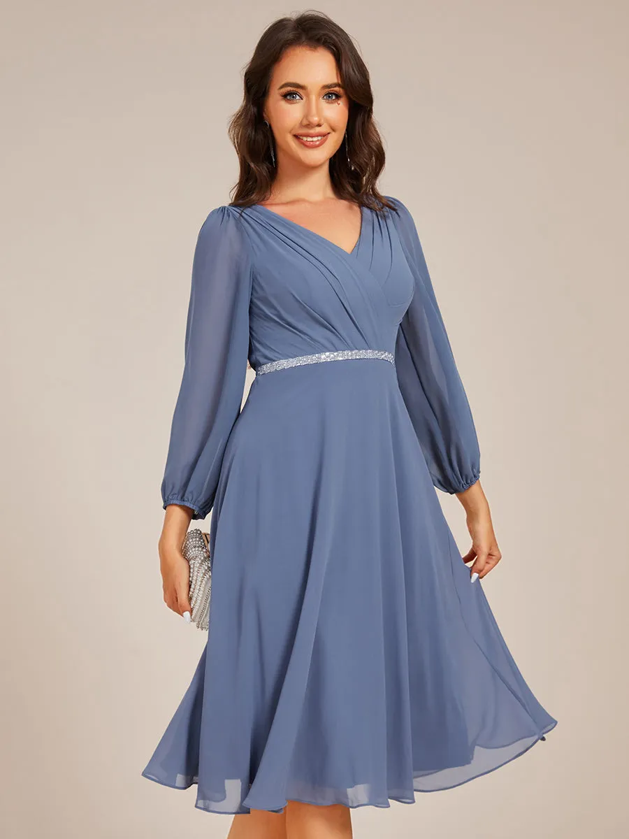 Elegant Midi Length Long Lantern Sleeves Chiffon Wedding Guest Dresses