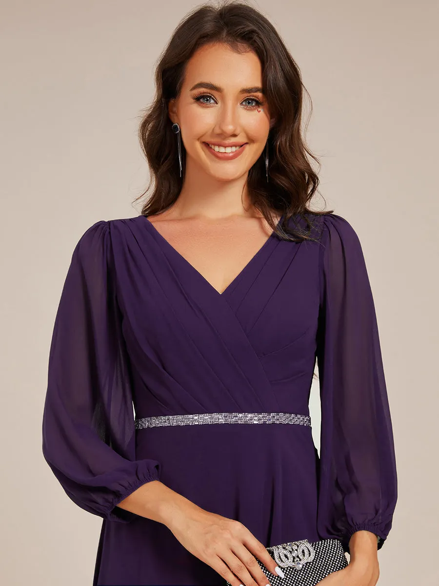 Elegant Midi Length Long Lantern Sleeves Chiffon Wedding Guest Dresses