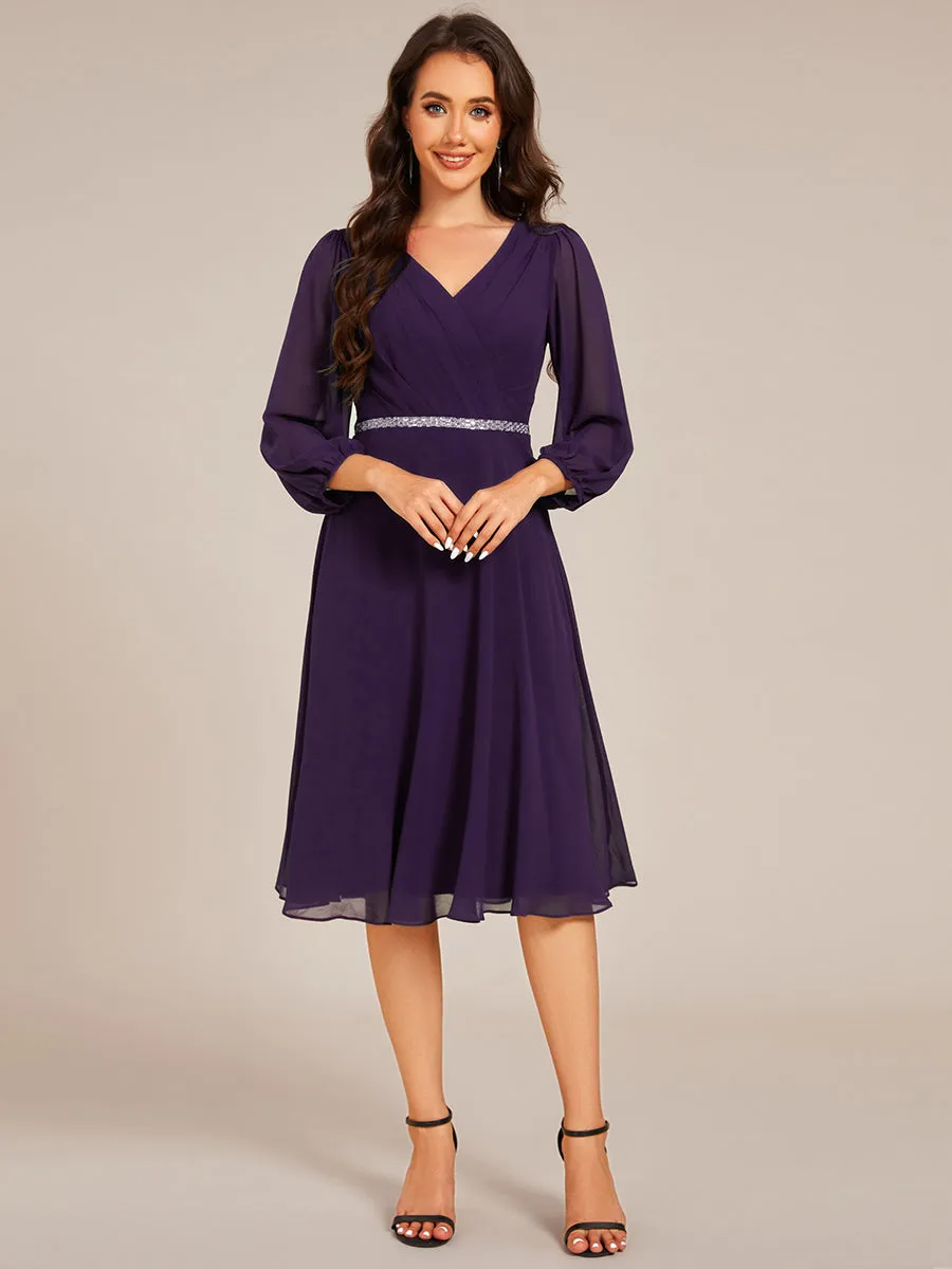 Elegant Midi Length Long Lantern Sleeves Chiffon Wedding Guest Dresses