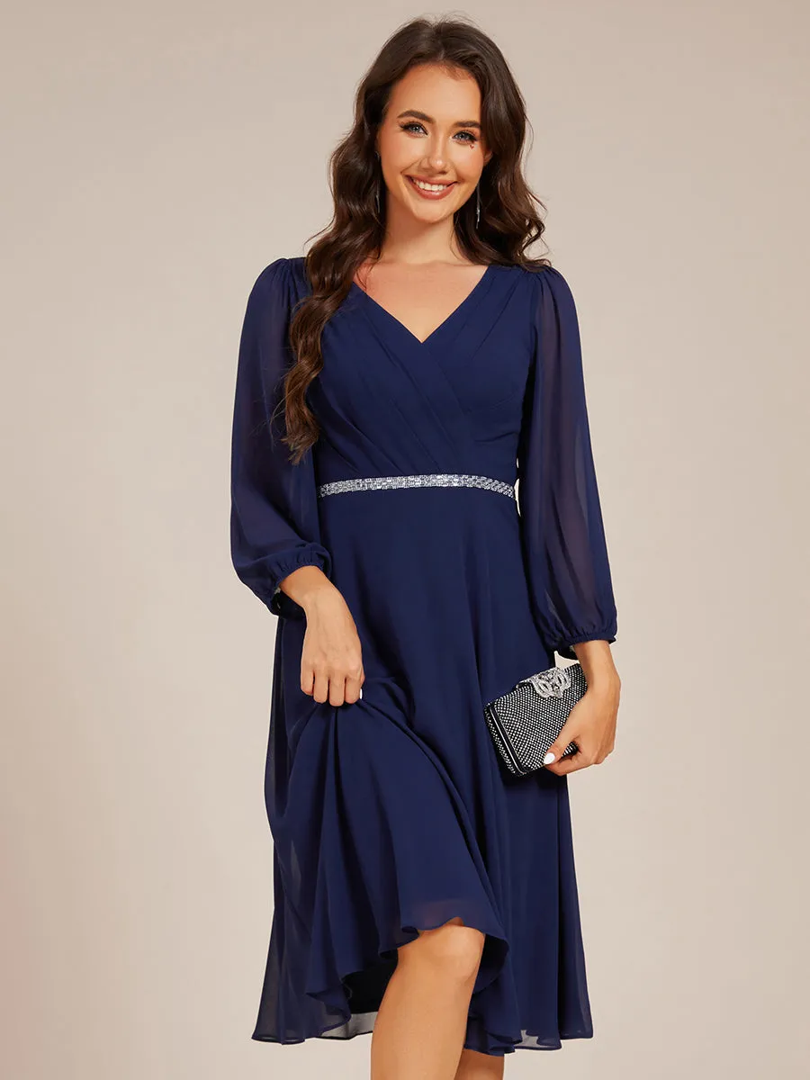 Elegant Midi Length Long Lantern Sleeves Chiffon Wedding Guest Dresses