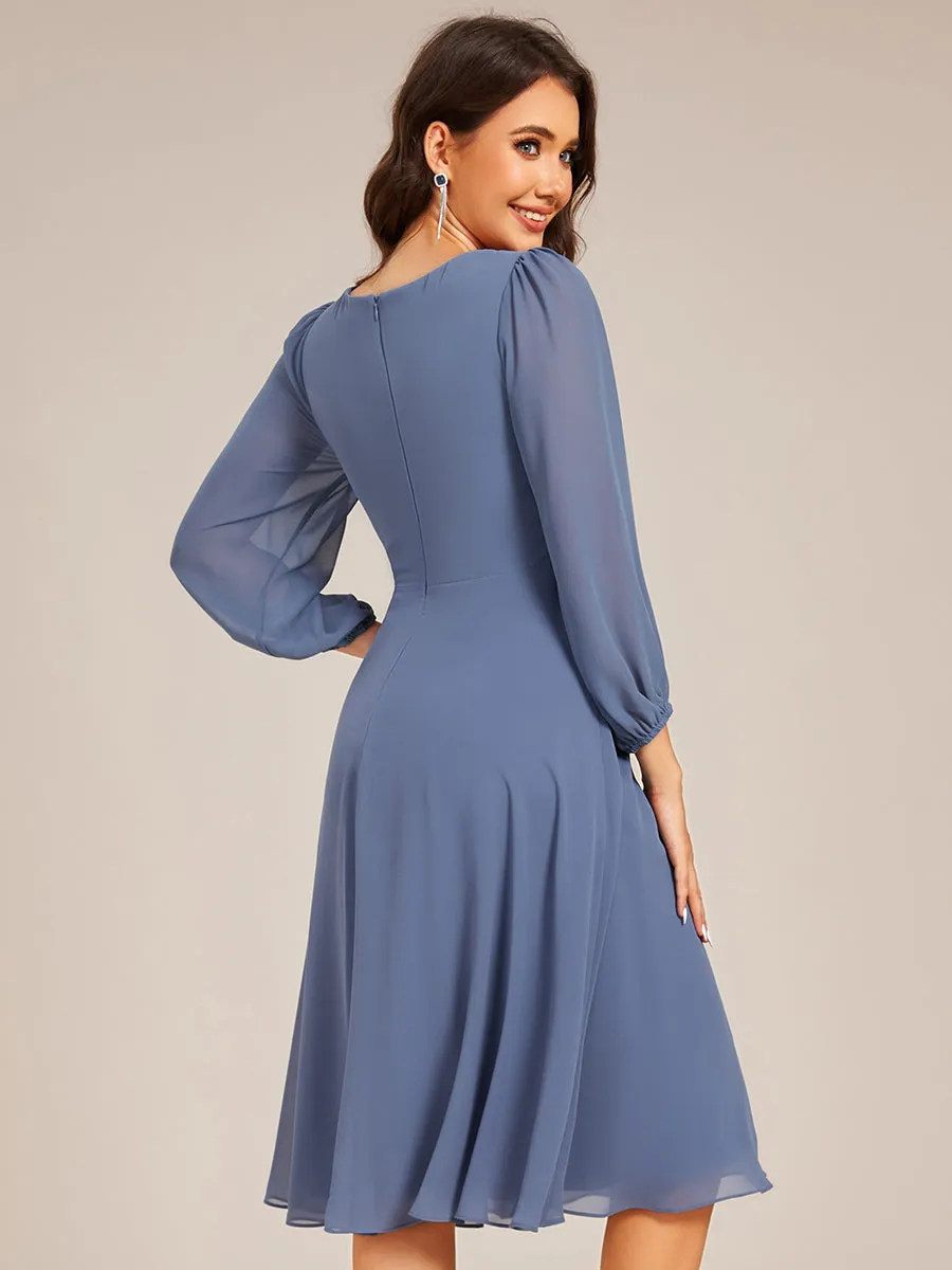 Elegant Midi Length Long Lantern Sleeves Chiffon Wedding Guest Dresses