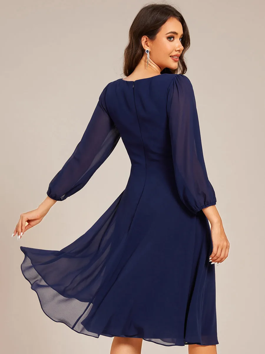 Elegant Midi Length Long Lantern Sleeves Chiffon Wedding Guest Dresses