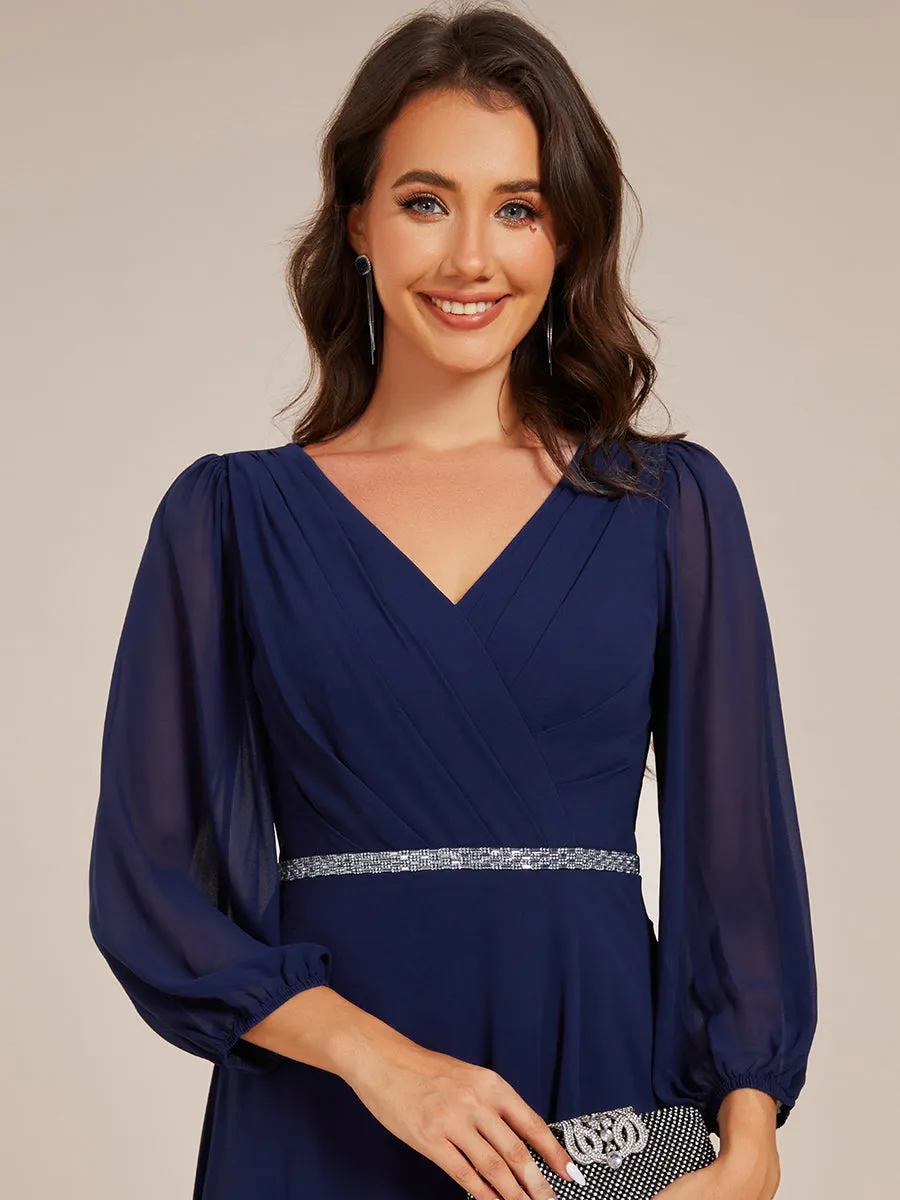 Elegant Midi Length Long Lantern Sleeves Chiffon Wedding Guest Dresses