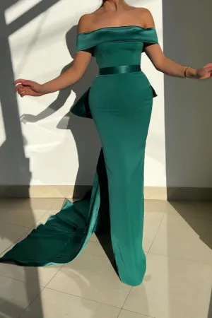 Elegant Off-The-Shoulder Satin Mermaid Prom Dresses with Train
