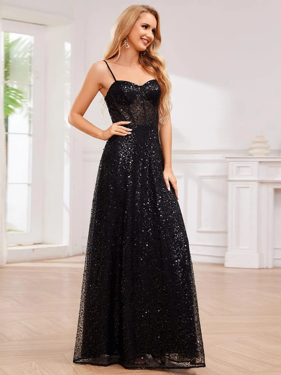 Elegant Sequin Spaghetti Strap See-Through Formal Evening Dress
