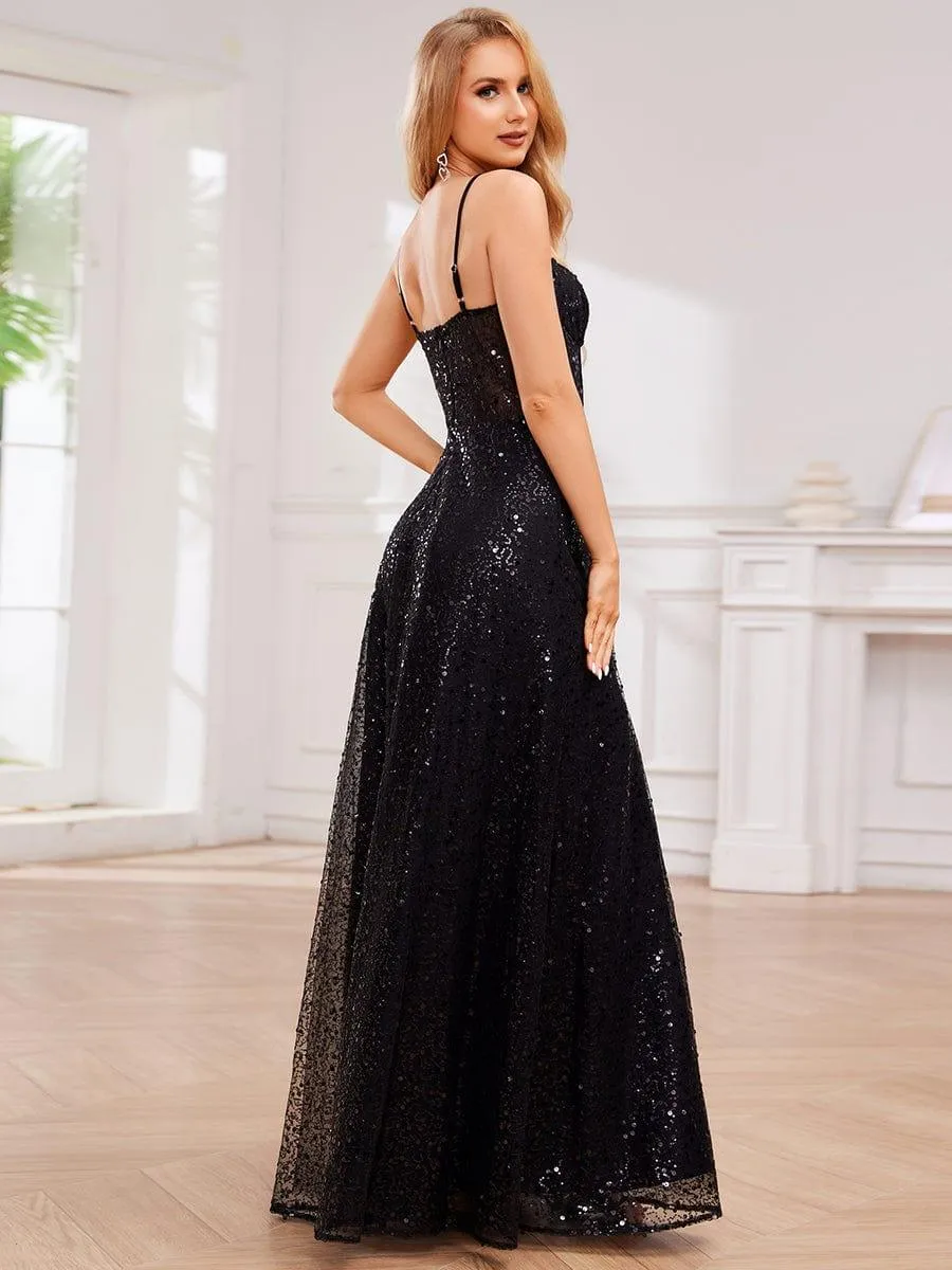 Elegant Sequin Spaghetti Strap See-Through Formal Evening Dress