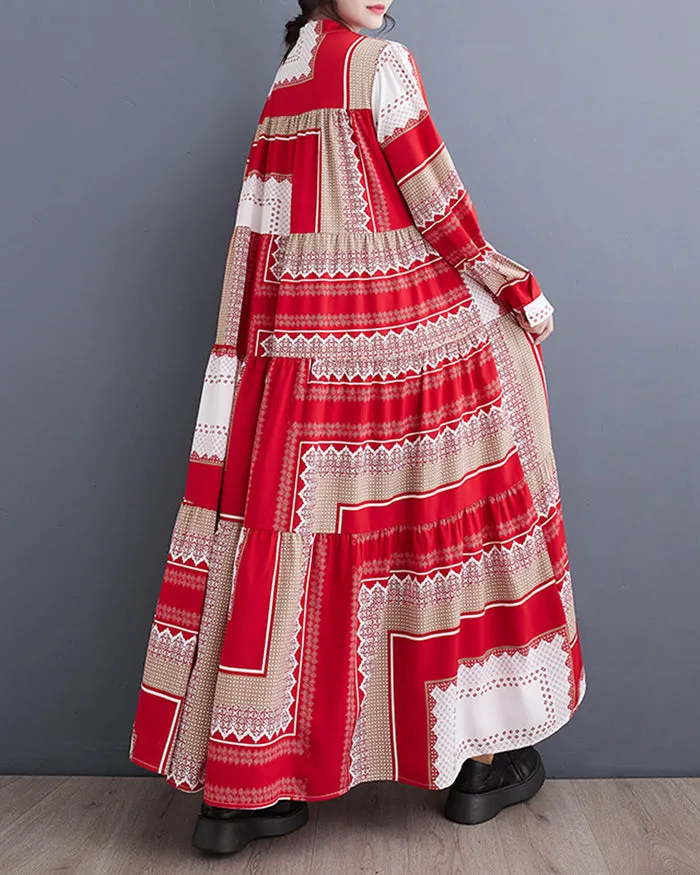 ellazhu Women's Oversized Color Block Long Sleeve Flowy Hem Dress GZ143 Red