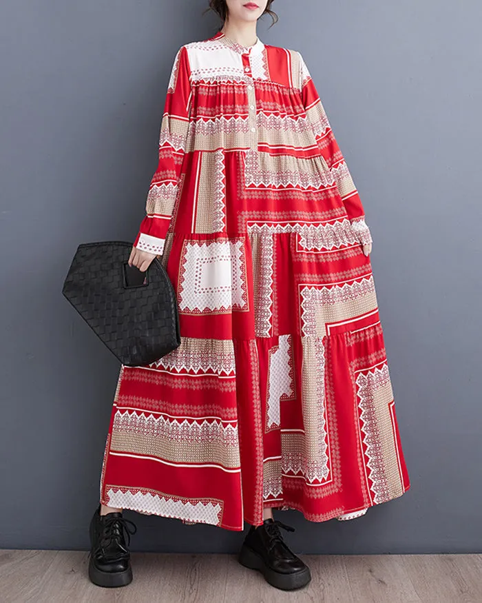 ellazhu Women's Oversized Color Block Long Sleeve Flowy Hem Dress GZ143 Red