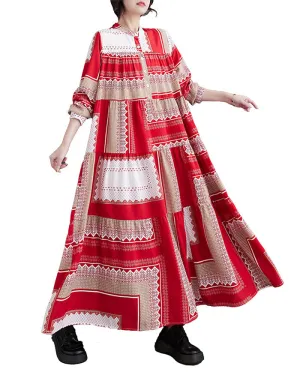 ellazhu Women's Oversized Color Block Long Sleeve Flowy Hem Dress GZ143 Red