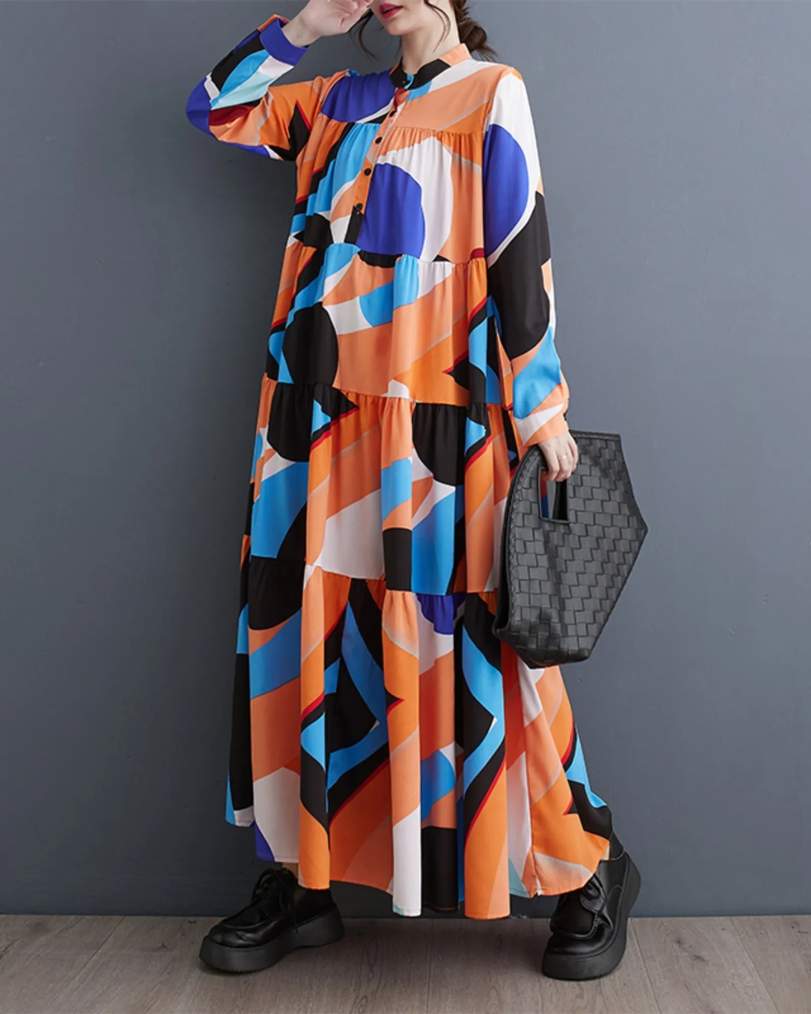 ellazhu Women's Oversized Color Block Long Sleeve Flowy Irregular Hem Dress GZ152