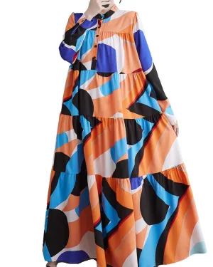 ellazhu Women's Oversized Color Block Long Sleeve Flowy Irregular Hem Dress GZ152