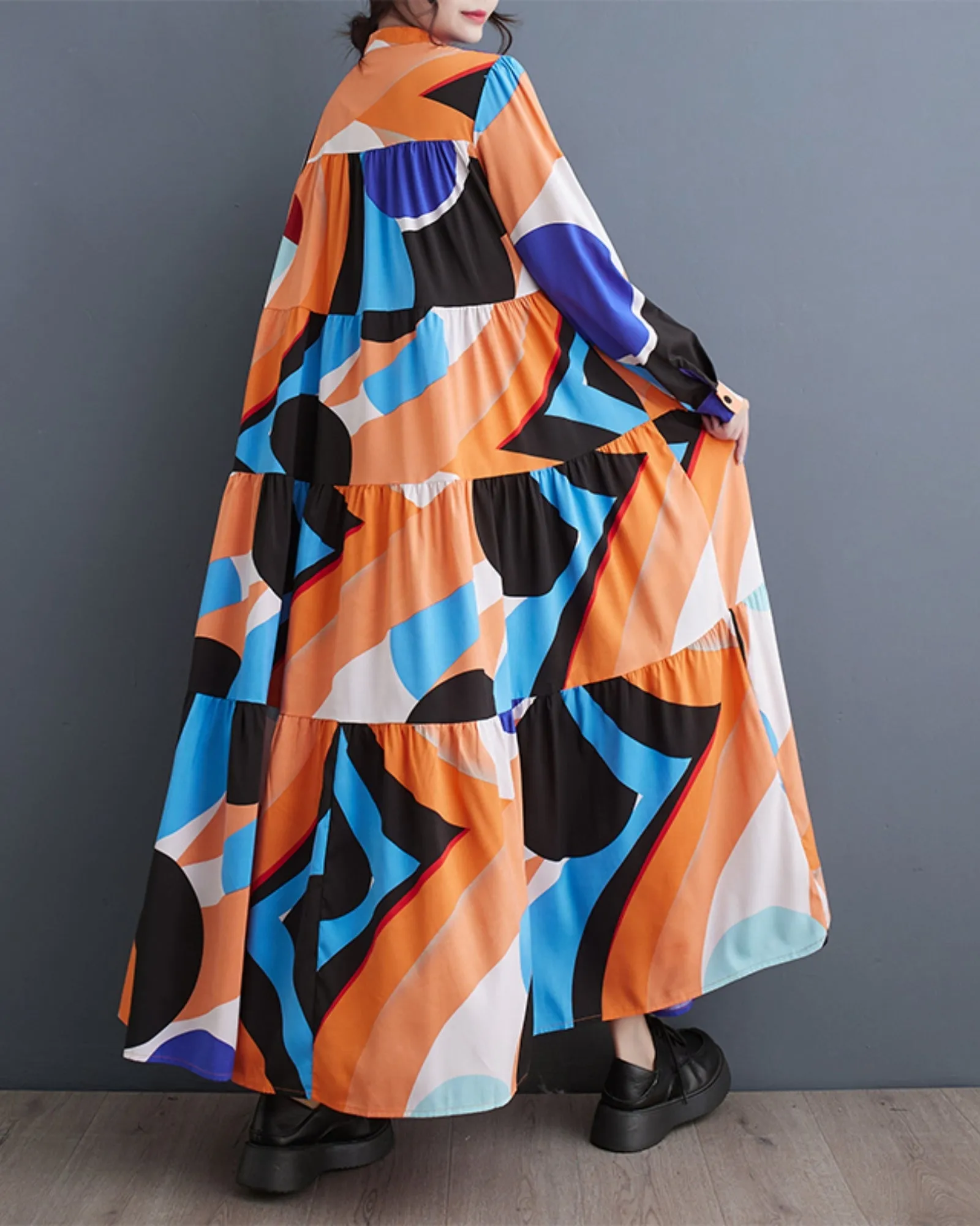 ellazhu Women's Oversized Color Block Long Sleeve Flowy Irregular Hem Dress GZ152