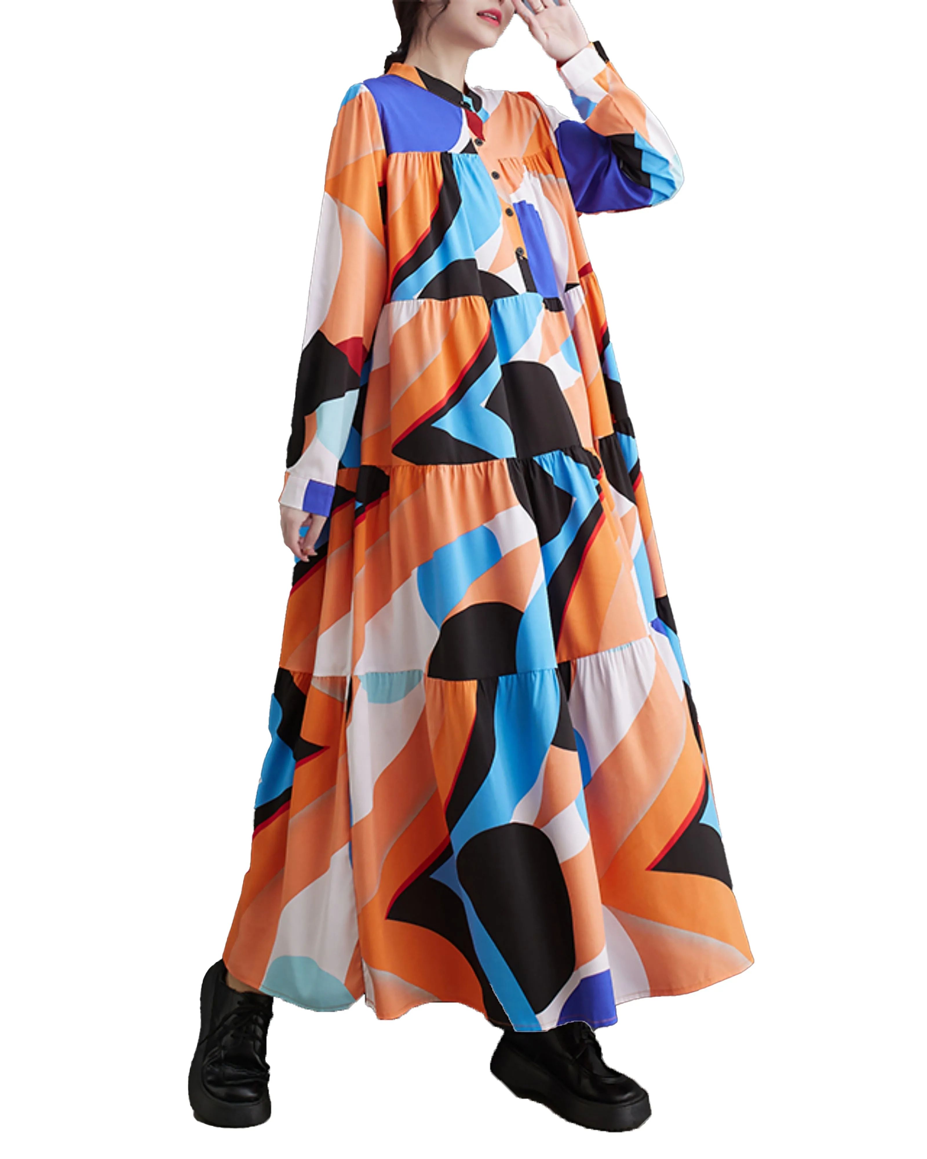 ellazhu Women's Oversized Color Block Long Sleeve Flowy Irregular Hem Dress GZ152