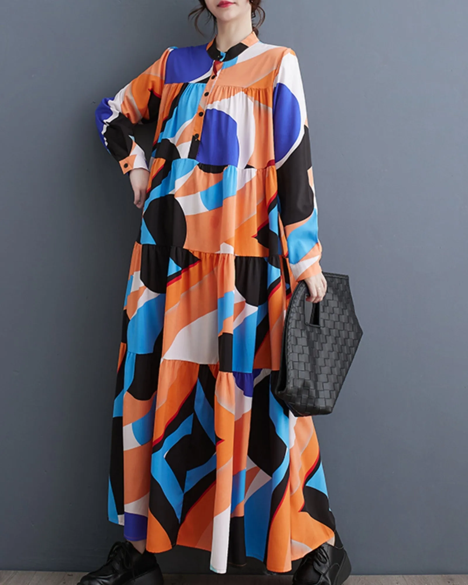 ellazhu Women's Oversized Color Block Long Sleeve Flowy Irregular Hem Dress GZ152