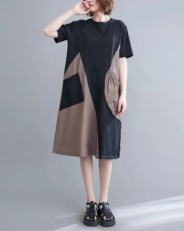 ellazhu Women's Short Sleeves Color Block Patchwork Casual T-Shirt Dress Whith Pockets GA2732 Black