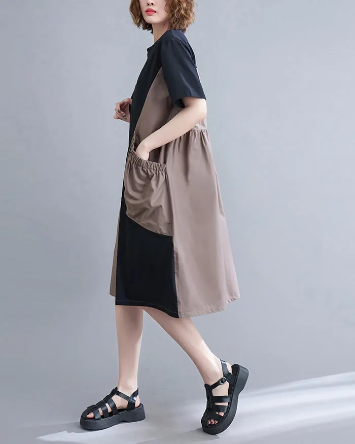 ellazhu Women's Short Sleeves Color Block Patchwork Casual T-Shirt Dress Whith Pockets GA2732 Black