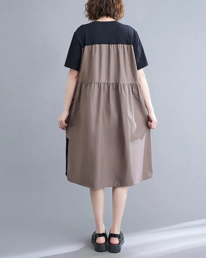 ellazhu Women's Short Sleeves Color Block Patchwork Casual T-Shirt Dress Whith Pockets GA2732 Black