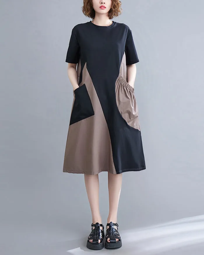 ellazhu Women's Short Sleeves Color Block Patchwork Casual T-Shirt Dress Whith Pockets GA2732 Black