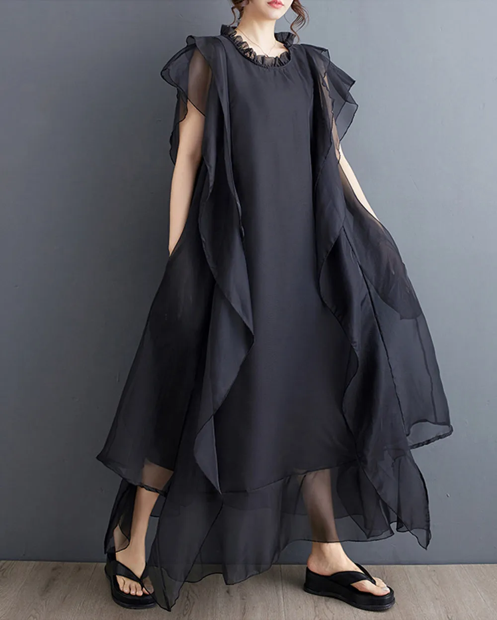 ellazhu Women's Short Sleeves Crewneck Solid Color Tulle Chiffon Dress GZ184