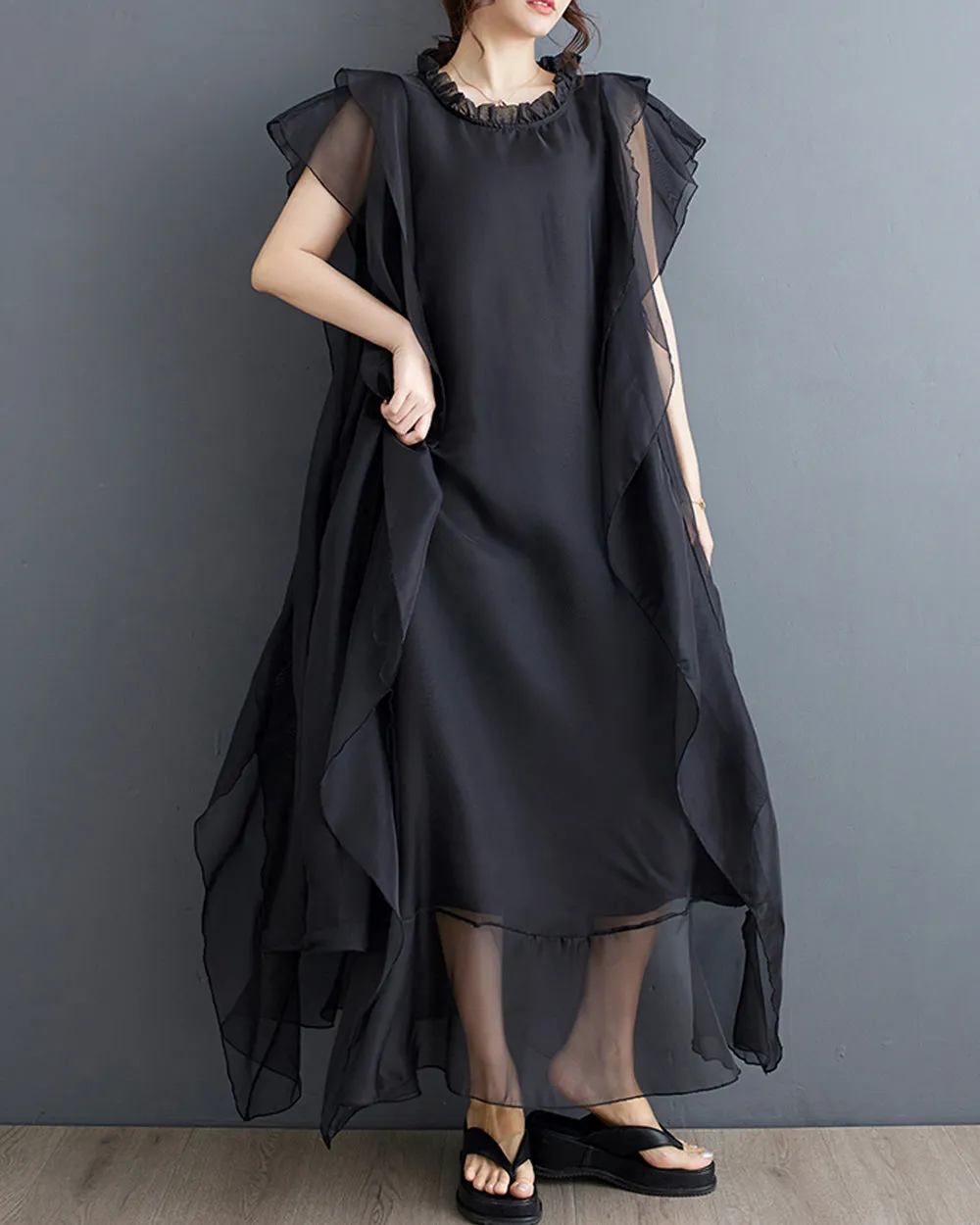 ellazhu Women's Short Sleeves Crewneck Solid Color Tulle Chiffon Dress GZ184
