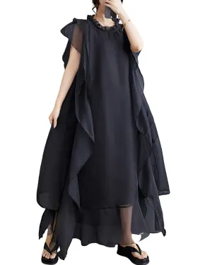 ellazhu Women's Short Sleeves Crewneck Solid Color Tulle Chiffon Dress GZ184