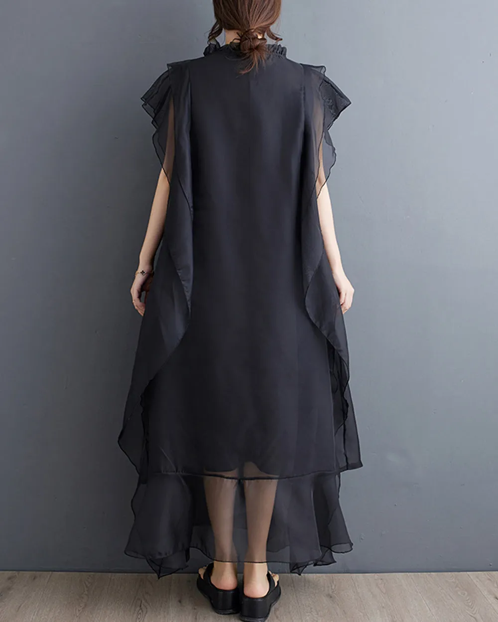 ellazhu Women's Short Sleeves Crewneck Solid Color Tulle Chiffon Dress GZ184