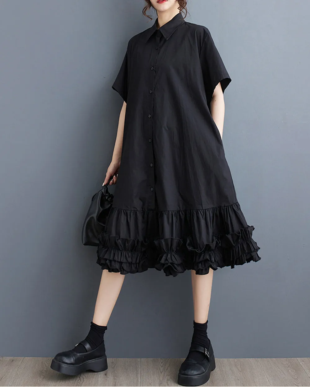 ellazhu Women's Short Sleeves Solid Color Tutu Dress Button Down Casual Shirt Dress GZ183