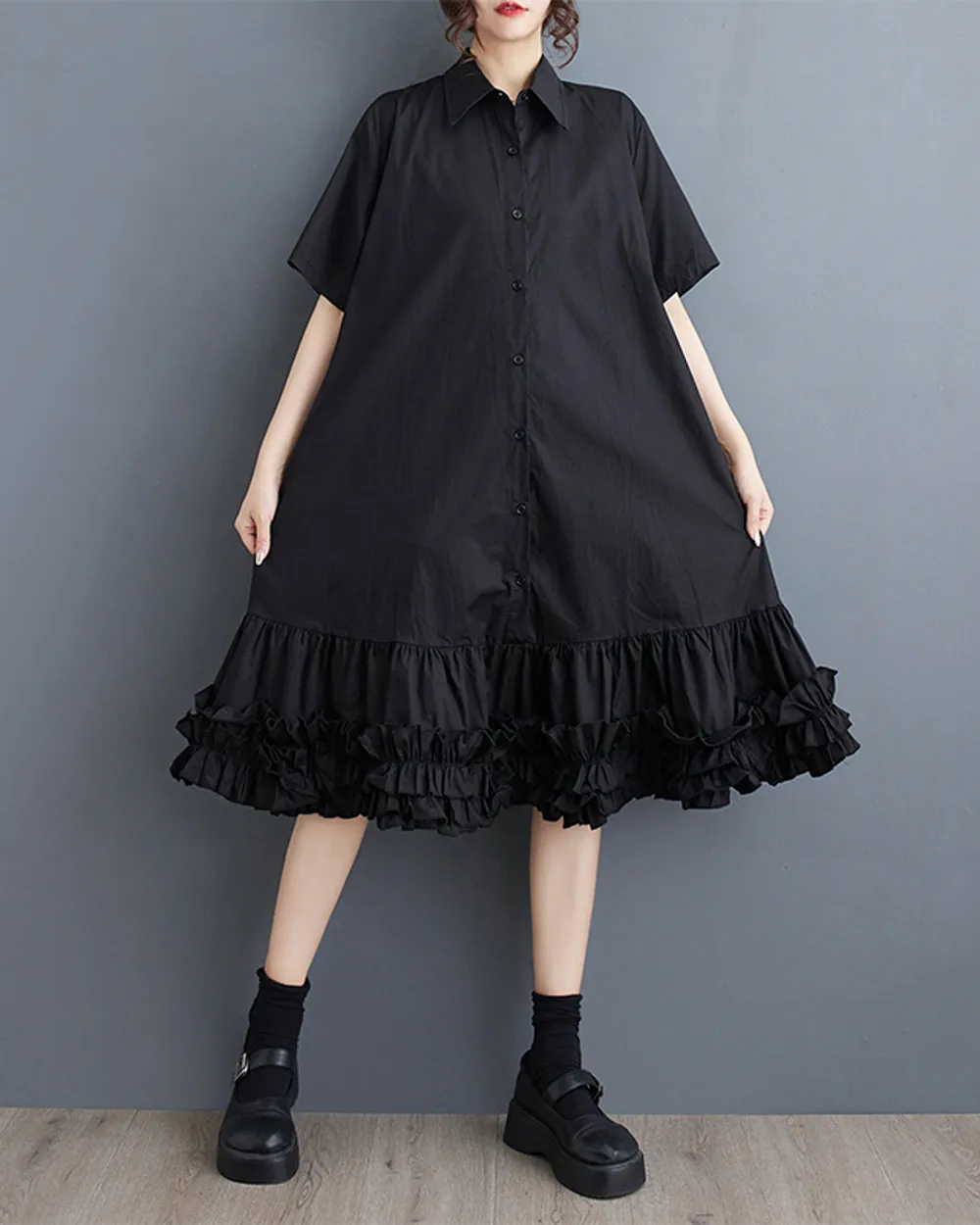ellazhu Women's Short Sleeves Solid Color Tutu Dress Button Down Casual Shirt Dress GZ183