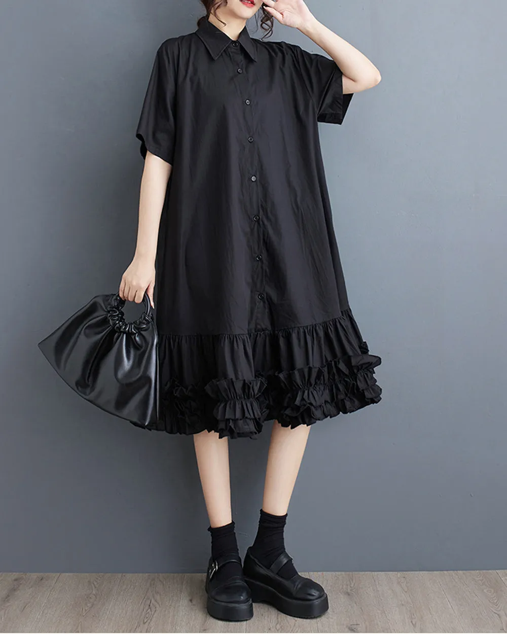 ellazhu Women's Short Sleeves Solid Color Tutu Dress Button Down Casual Shirt Dress GZ183