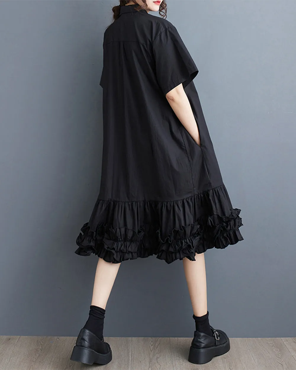 ellazhu Women's Short Sleeves Solid Color Tutu Dress Button Down Casual Shirt Dress GZ183
