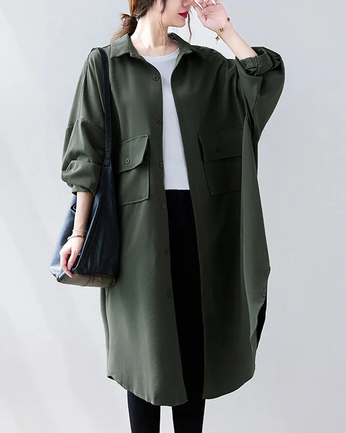 ellazhu Women's Solid Color Button Down Irregular Hem Side Slit Oversized Shirt Dress GZ120 Black