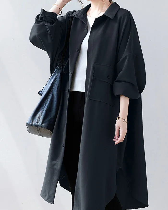 ellazhu Women's Solid Color Button Down Irregular Hem Side Slit Oversized Shirt Dress GZ120 Black