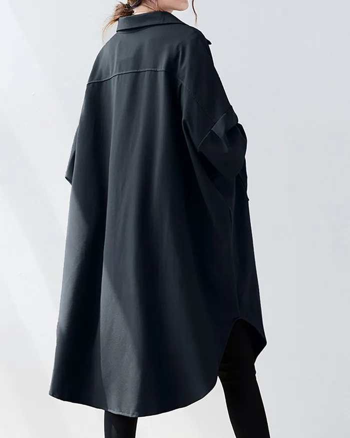 ellazhu Women's Solid Color Button Down Irregular Hem Side Slit Oversized Shirt Dress GZ120 Black