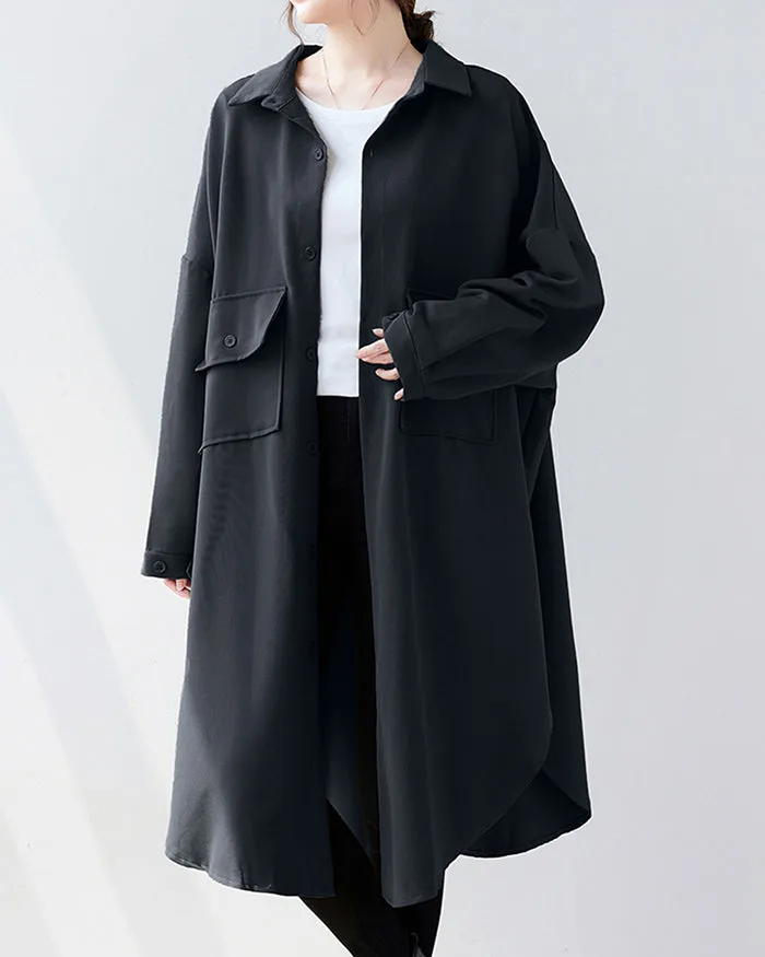 ellazhu Women's Solid Color Button Down Irregular Hem Side Slit Oversized Shirt Dress GZ120 Black