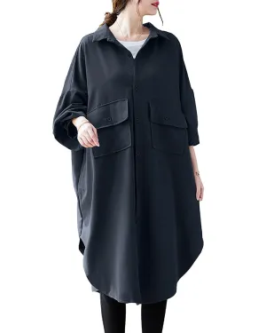 ellazhu Women's Solid Color Button Down Irregular Hem Side Slit Oversized Shirt Dress GZ120 Black
