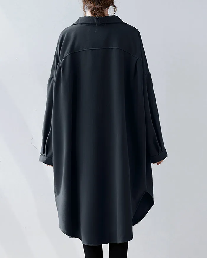 ellazhu Women's Solid Color Button Down Irregular Hem Side Slit Oversized Shirt Dress GZ120 Black