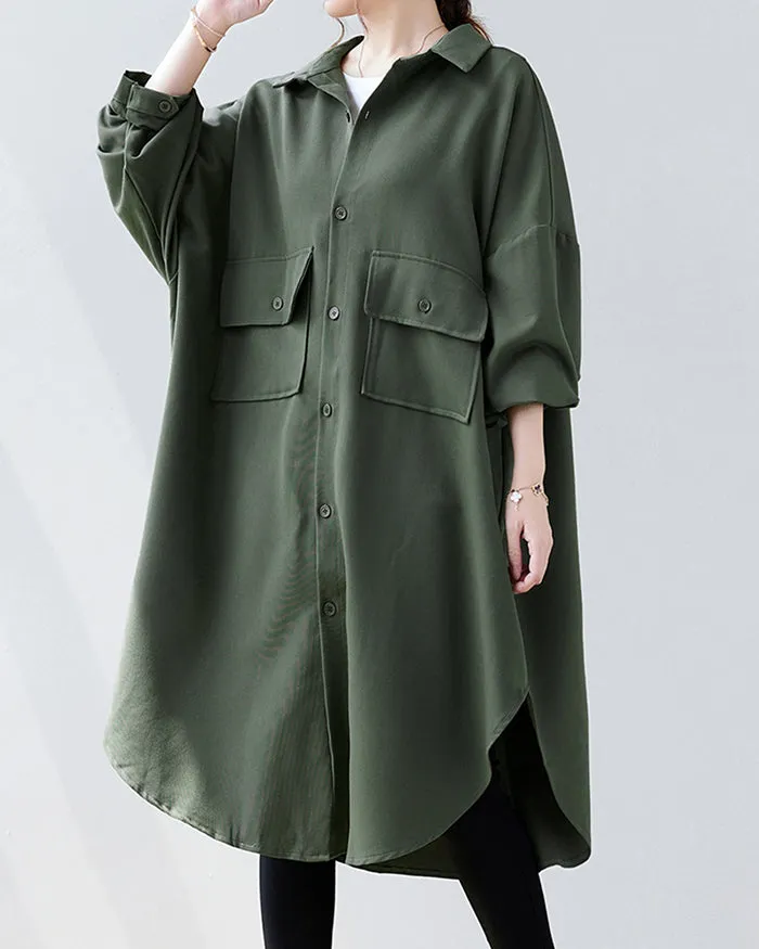 ellazhu Women's Solid Color Button Down Irregular Hem Side Slit Oversized Shirt Dress GZ120 Black