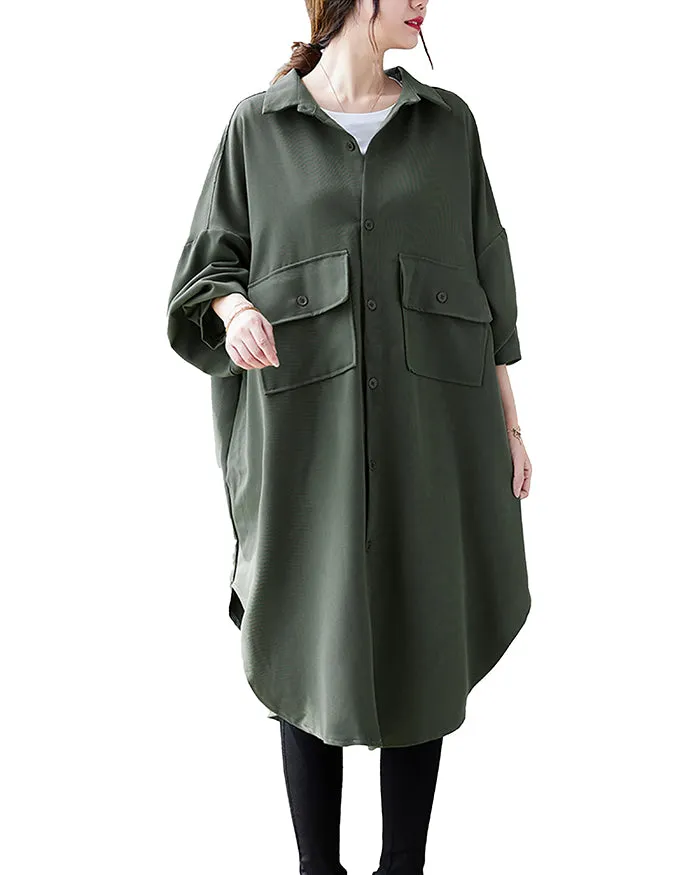 ellazhu Women's Solid Color Button Down Irregular Hem Side Slit Oversized Shirt Dress GZ120 Black