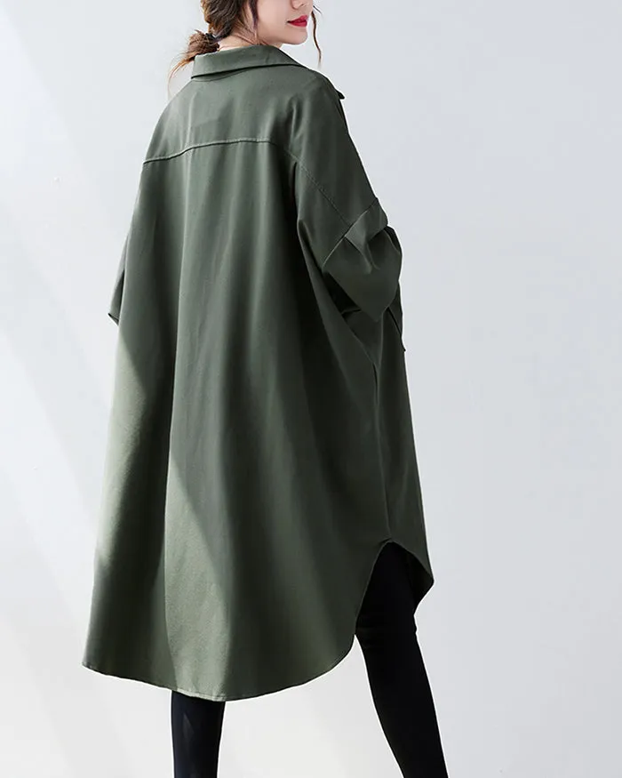 ellazhu Women's Solid Color Button Down Irregular Hem Side Slit Oversized Shirt Dress GZ120 Black