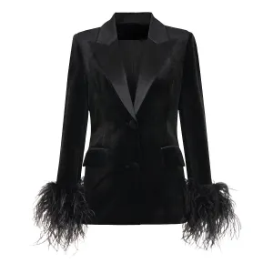 Feather Trim Deep V Velvet Blazer