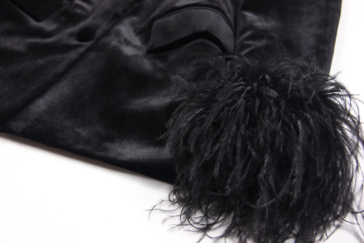 Feather Trim Deep V Velvet Blazer